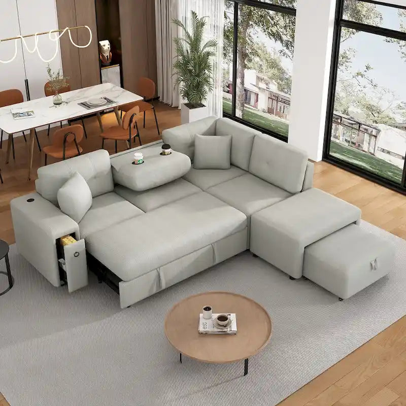 Sectional Sofa L-Shaped Pull-Out Bed with Movable Ottoman, Two USB Ports, and Cup Holders for Living Room