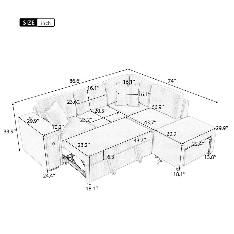 Sectional Sofa L-Shaped Pull-Out Bed with Movable Ottoman, Two USB Ports, and Cup Holders for Living Room