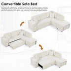 Sectional Sofa L-Shaped Pull-Out Bed with Movable Ottoman, Two USB Ports, and Cup Holders for Living Room