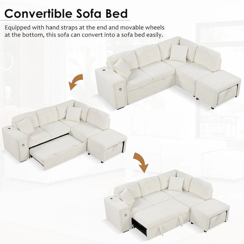Sectional Sofa L-Shaped Pull-Out Bed with Movable Ottoman, Two USB Ports, and Cup Holders for Living Room