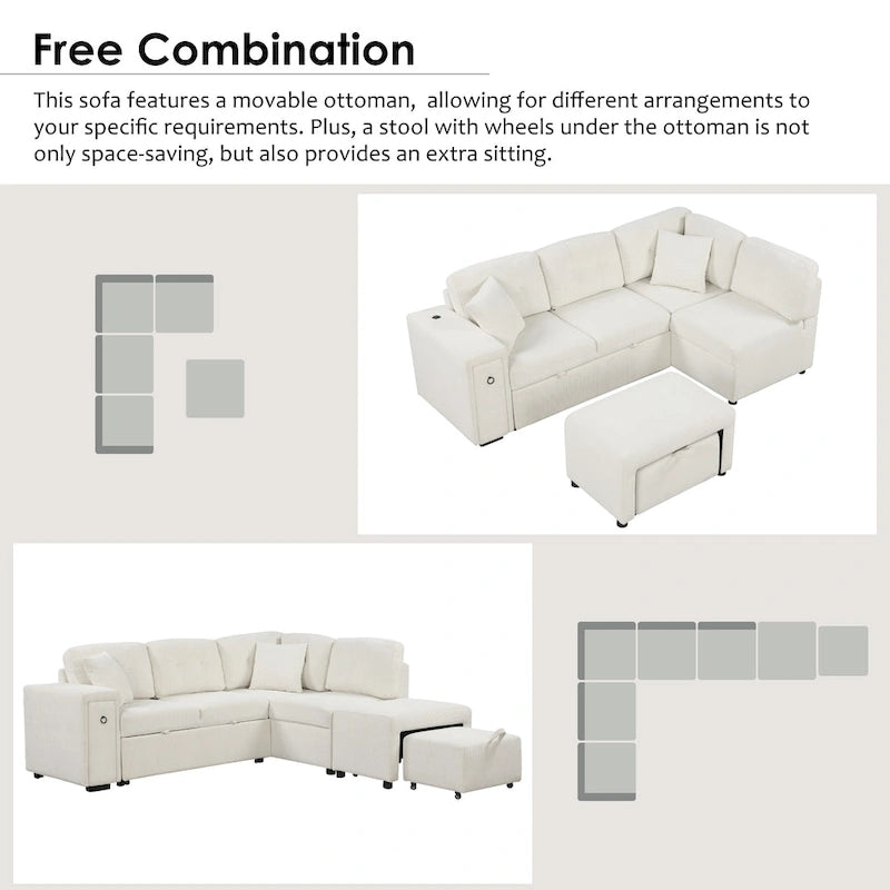 Sectional Sofa L-Shaped Pull-Out Bed with Movable Ottoman, Two USB Ports, and Cup Holders for Living Room