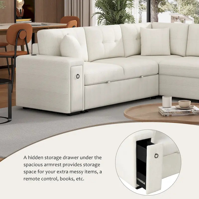 Sectional Sofa L-Shaped Pull-Out Bed with Movable Ottoman, Two USB Ports, and Cup Holders for Living Room