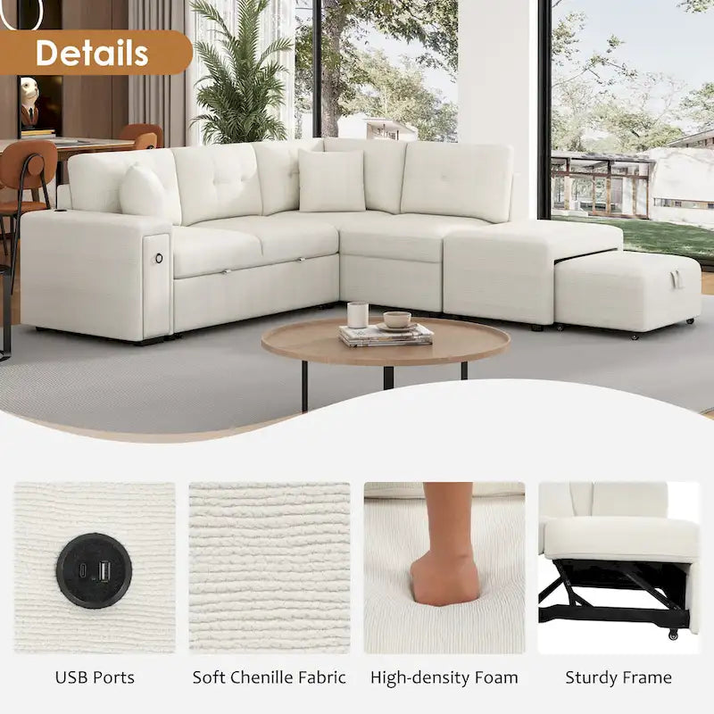 Sectional Sofa L-Shaped Pull-Out Bed with Movable Ottoman, Two USB Ports, and Cup Holders for Living Room