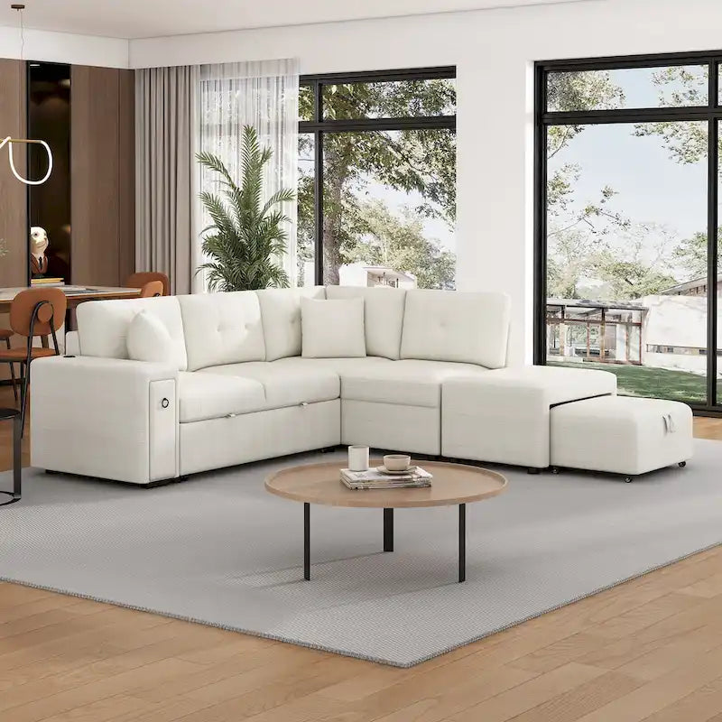 Sectional Sofa L-Shaped Pull-Out Bed with Movable Ottoman, Two USB Ports, and Cup Holders for Living Room