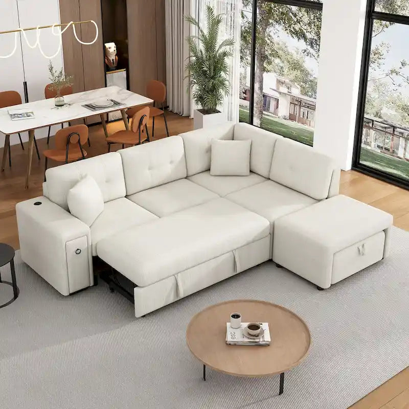 Sectional Sofa L-Shaped Pull-Out Bed with Movable Ottoman, Two USB Ports, and Cup Holders for Living Room
