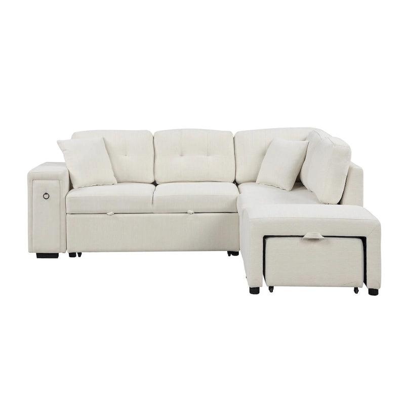 Sectional Sofa L-Shaped Pull-Out Bed with Movable Ottoman, Two USB Ports, and Cup Holders for Living Room