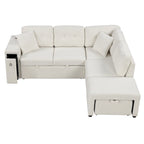 Sectional Sofa L-Shaped Pull-Out Bed with Movable Ottoman, Two USB Ports, and Cup Holders for Living Room