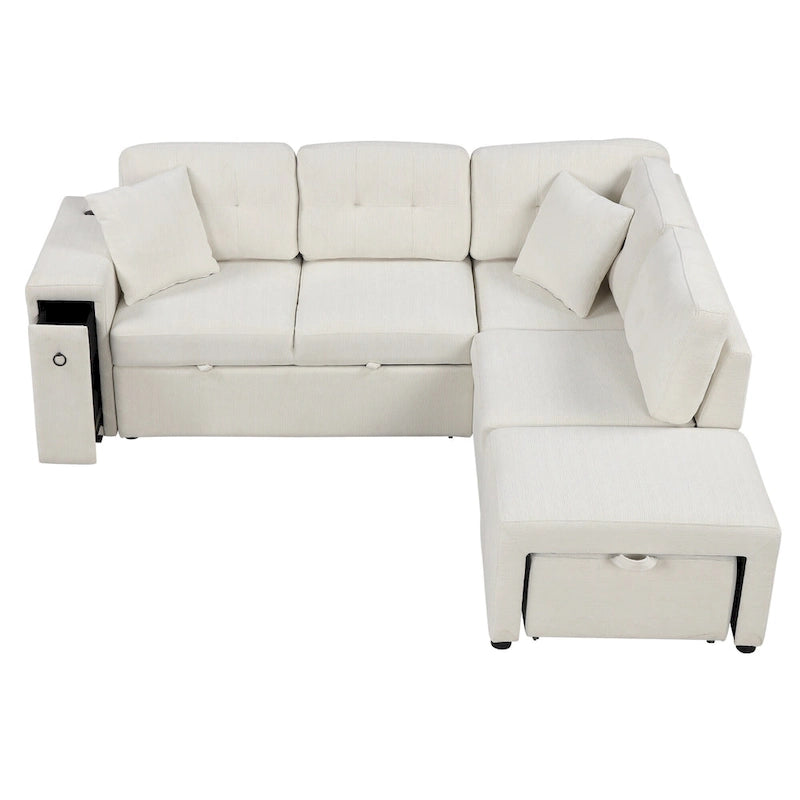 Sectional Sofa L-Shaped Pull-Out Bed with Movable Ottoman, Two USB Ports, and Cup Holders for Living Room