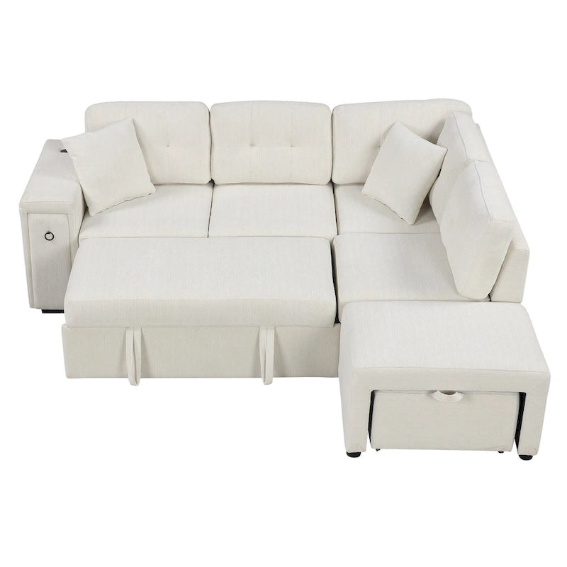 Sectional Sofa L-Shaped Pull-Out Bed with Movable Ottoman, Two USB Ports, and Cup Holders for Living Room