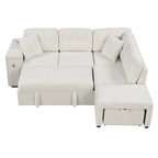 Sectional Sofa L-Shaped Pull-Out Bed with Movable Ottoman, Two USB Ports, and Cup Holders for Living Room