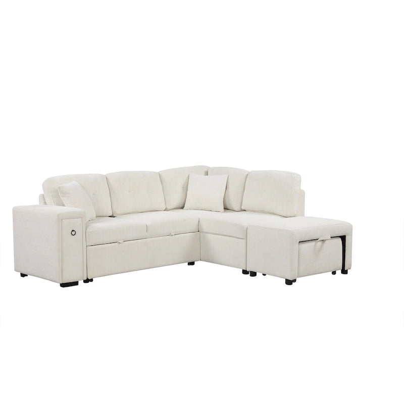 Sectional Sofa L-Shaped Pull-Out Bed with Movable Ottoman, Two USB Ports, and Cup Holders for Living Room