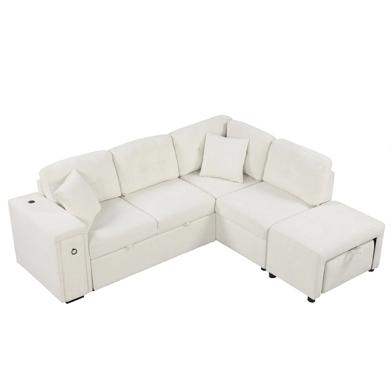 Sectional Sofa L-Shaped Pull-Out Bed with Movable Ottoman, Two USB Ports, and Cup Holders for Living Room