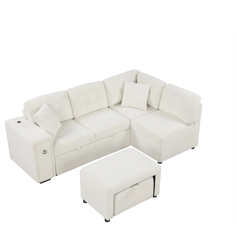 Sectional Sofa L-Shaped Pull-Out Bed with Movable Ottoman, Two USB Ports, and Cup Holders for Living Room