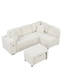 Sectional Sofa L-Shaped Pull-Out Bed with Movable Ottoman, Two USB Ports, and Cup Holders for Living Room