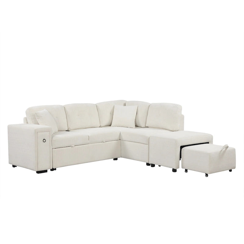 Sectional Sofa L-Shaped Pull-Out Bed with Movable Ottoman, Two USB Ports, and Cup Holders for Living Room