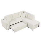Sectional Sofa L-Shaped Pull-Out Bed with Movable Ottoman, Two USB Ports, and Cup Holders for Living Room