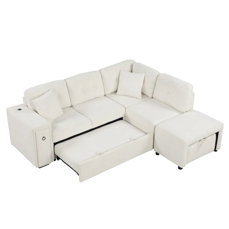 Sectional Sofa L-Shaped Pull-Out Bed with Movable Ottoman, Two USB Ports, and Cup Holders for Living Room
