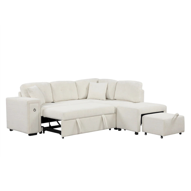 Sectional Sofa L-Shaped Pull-Out Bed with Movable Ottoman, Two USB Ports, and Cup Holders for Living Room