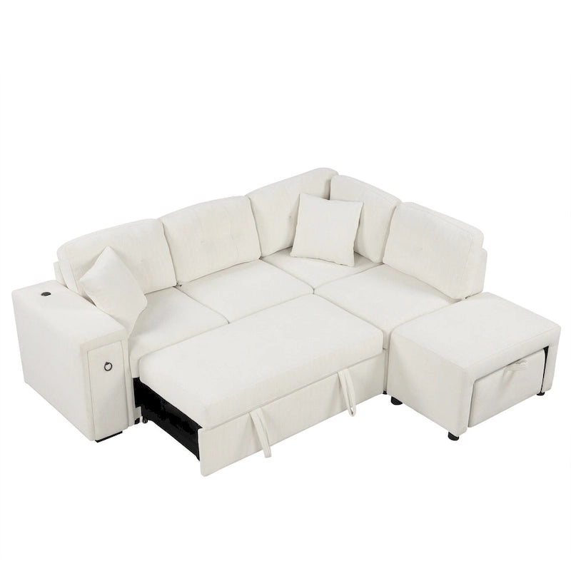Sectional Sofa L-Shaped Pull-Out Bed with Movable Ottoman, Two USB Ports, and Cup Holders for Living Room