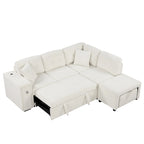 Sectional Sofa L-Shaped Pull-Out Bed with Movable Ottoman, Two USB Ports, and Cup Holders for Living Room