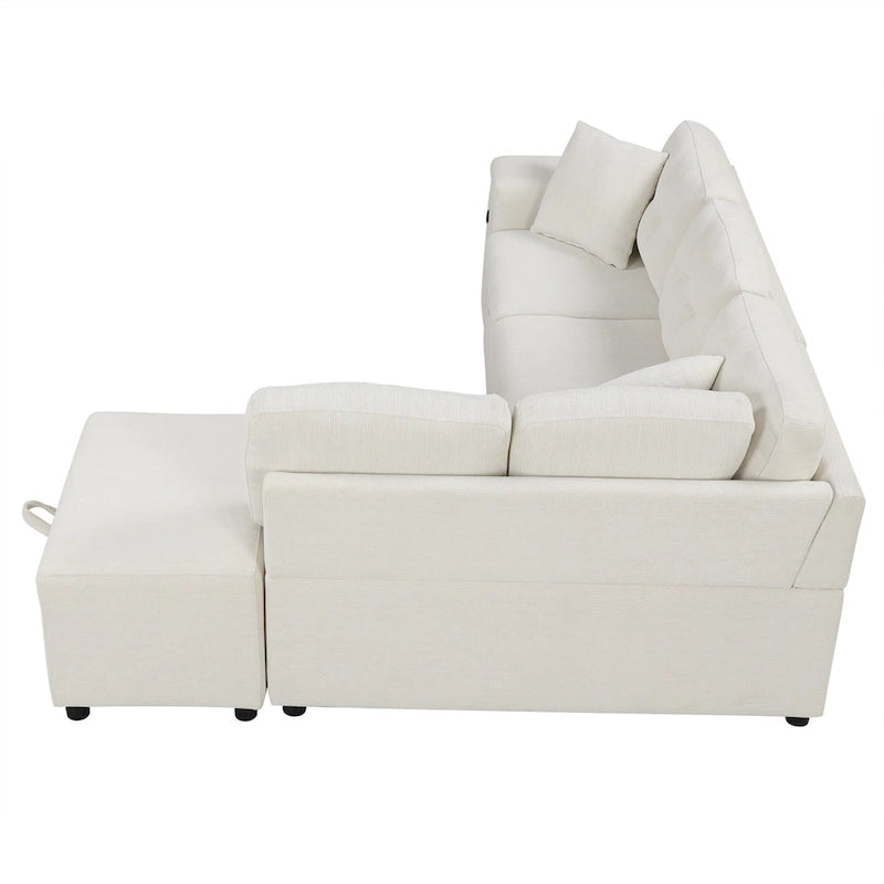 Sectional Sofa L-Shaped Pull-Out Bed with Movable Ottoman, Two USB Ports, and Cup Holders for Living Room