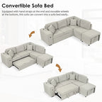 Sectional Sofa L-Shaped Pull-Out Bed with Movable Ottoman, Two USB Ports, and Cup Holders for Living Room