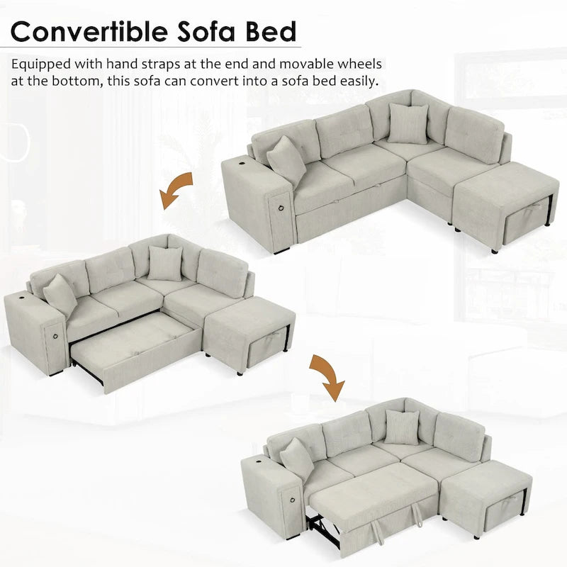 Sectional Sofa L-Shaped Pull-Out Bed with Movable Ottoman, Two USB Ports, and Cup Holders for Living Room
