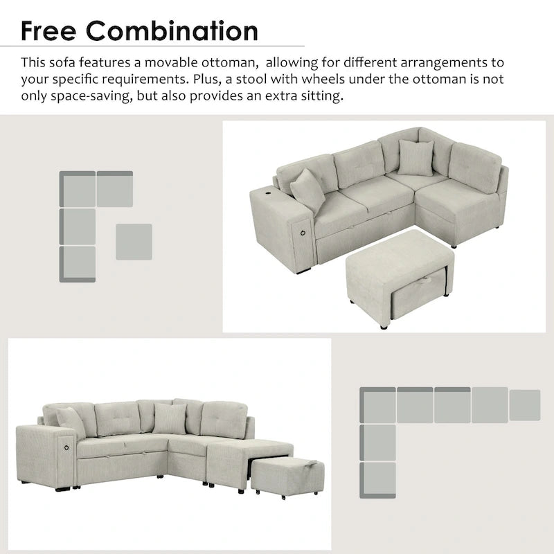 Sectional Sofa L-Shaped Pull-Out Bed with Movable Ottoman, Two USB Ports, and Cup Holders for Living Room