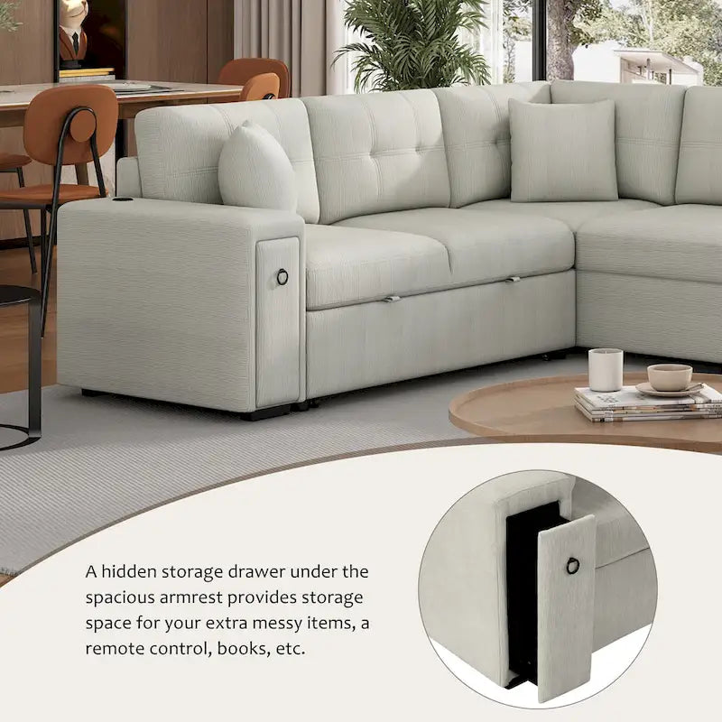 Sectional Sofa L-Shaped Pull-Out Bed with Movable Ottoman, Two USB Ports, and Cup Holders for Living Room