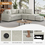 Sectional Sofa L-Shaped Pull-Out Bed with Movable Ottoman, Two USB Ports, and Cup Holders for Living Room