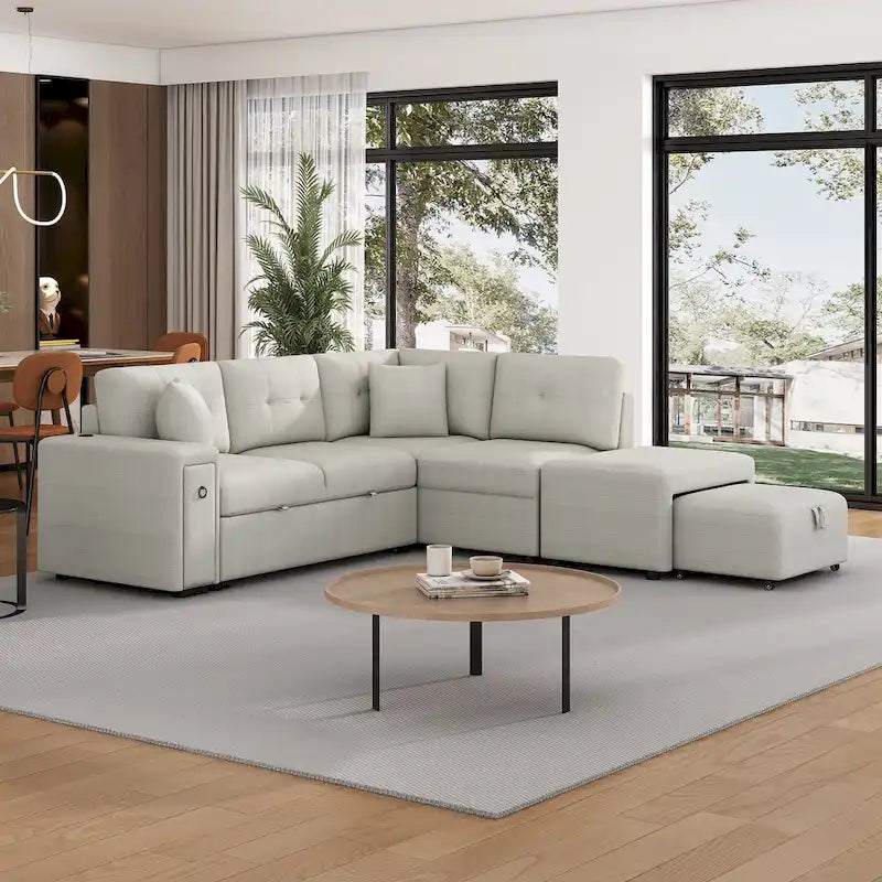 Sectional Sofa L-Shaped Pull-Out Bed with Movable Ottoman, Two USB Ports, and Cup Holders for Living Room