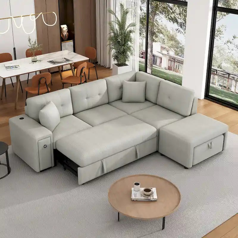 Sectional Sofa L-Shaped Pull-Out Bed with Movable Ottoman, Two USB Ports, and Cup Holders for Living Room