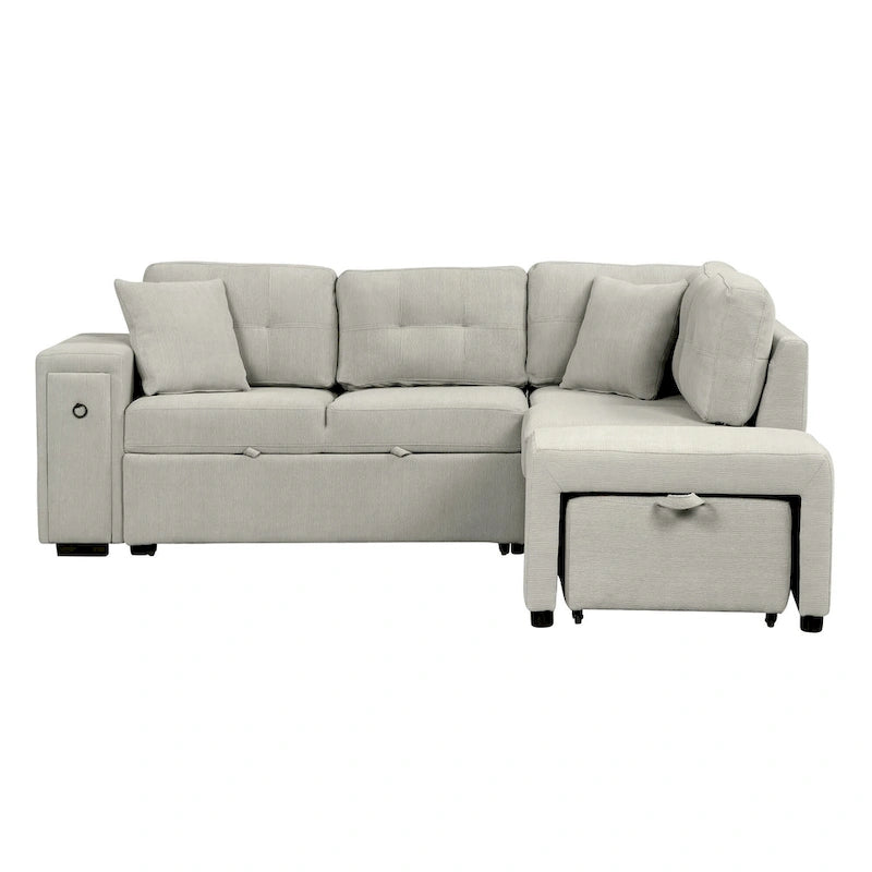 Sectional Sofa L-Shaped Pull-Out Bed with Movable Ottoman, Two USB Ports, and Cup Holders for Living Room