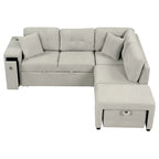 Sectional Sofa L-Shaped Pull-Out Bed with Movable Ottoman, Two USB Ports, and Cup Holders for Living Room
