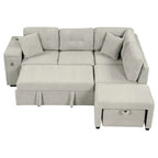 Sectional Sofa L-Shaped Pull-Out Bed with Movable Ottoman, Two USB Ports, and Cup Holders for Living Room