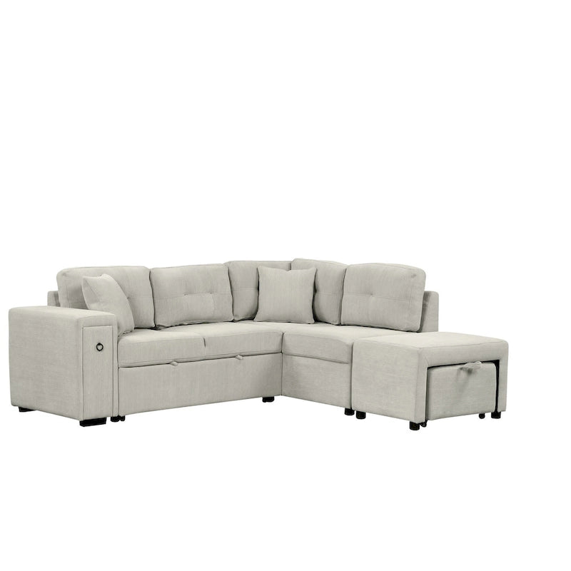 Sectional Sofa L-Shaped Pull-Out Bed with Movable Ottoman, Two USB Ports, and Cup Holders for Living Room