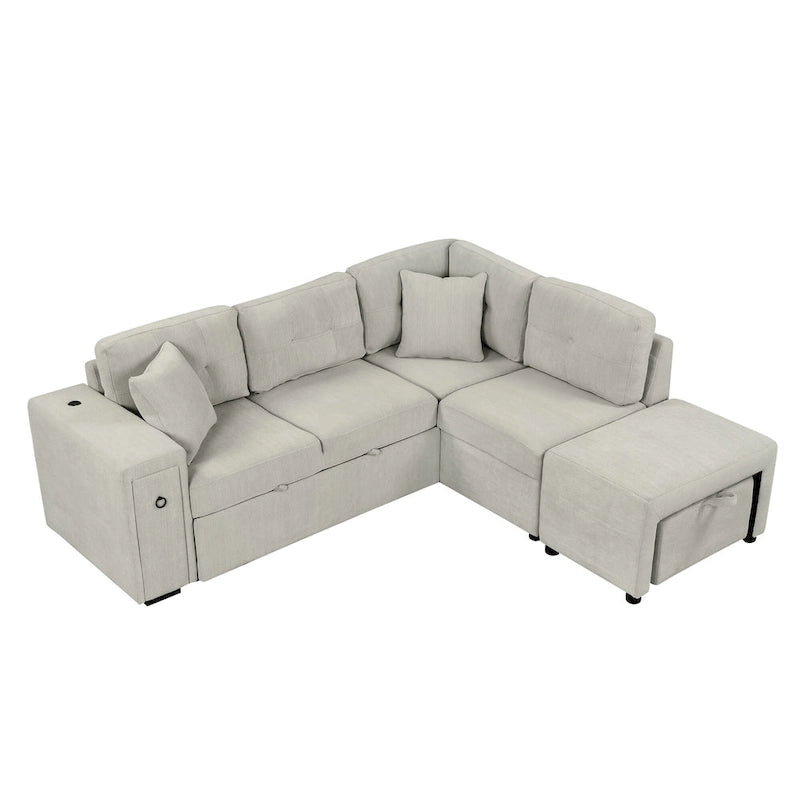 Sectional Sofa L-Shaped Pull-Out Bed with Movable Ottoman, Two USB Ports, and Cup Holders for Living Room