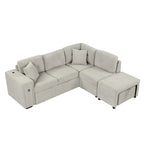 Sectional Sofa L-Shaped Pull-Out Bed with Movable Ottoman, Two USB Ports, and Cup Holders for Living Room