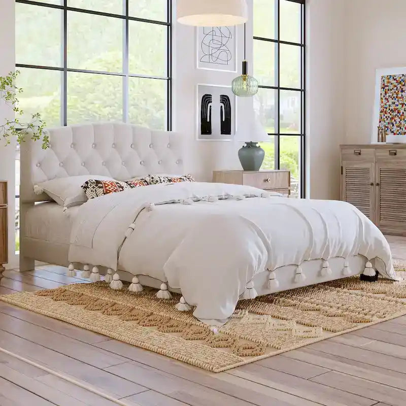 Platform Bed Frame with Saddle Curved Headboard, Modern Medieval Royal Style Platform Bed with Diamond Tufted Details