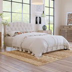 Platform Bed Frame with Saddle Curved Headboard, Modern Medieval Royal Style Platform Bed with Diamond Tufted Details
