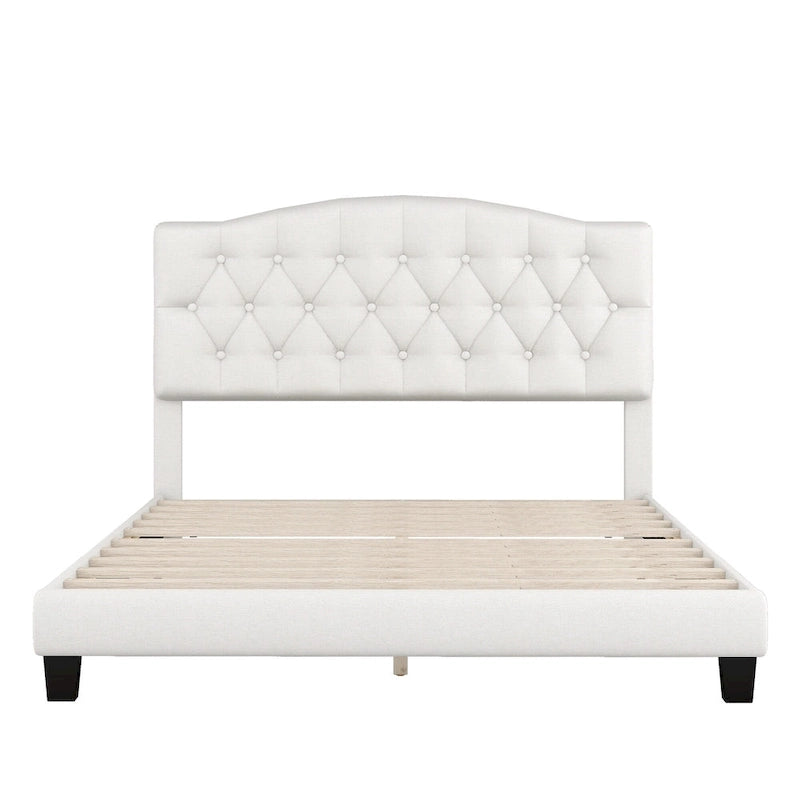 Platform Bed Frame with Saddle Curved Headboard, Modern Medieval Royal Style Platform Bed with Diamond Tufted Details
