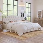 Platform Bed Frame with Saddle Curved Headboard, Modern Medieval Royal Style Platform Bed with Diamond Tufted Details