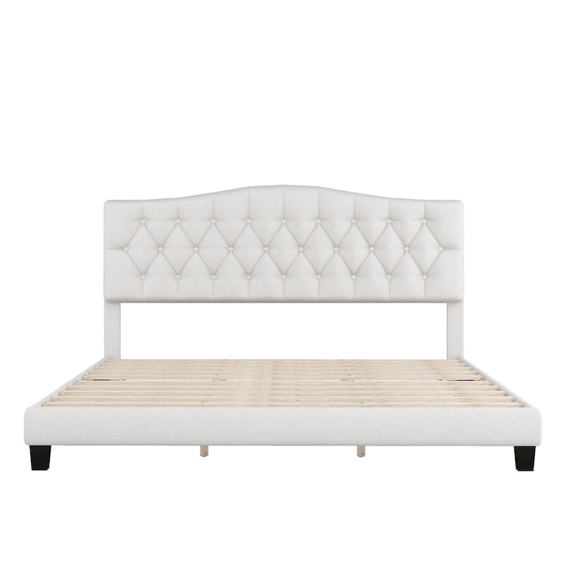 Platform Bed Frame with Saddle Curved Headboard, Modern Medieval Royal Style Platform Bed with Diamond Tufted Details