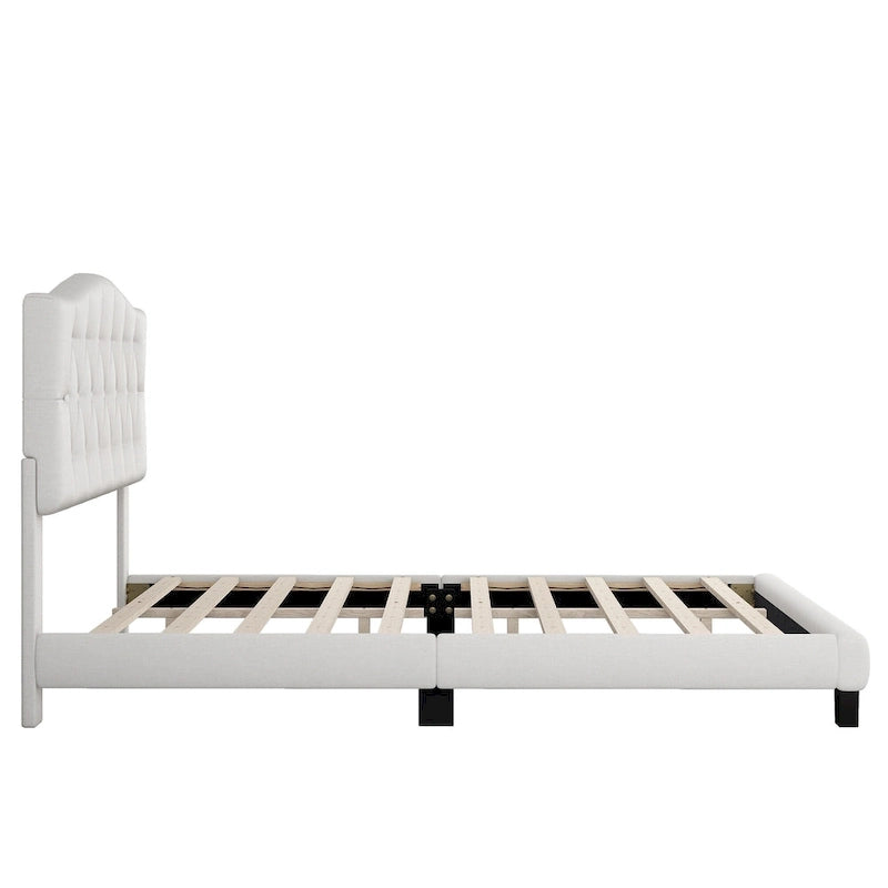 Platform Bed Frame with Saddle Curved Headboard, Modern Medieval Royal Style Platform Bed with Diamond Tufted Details