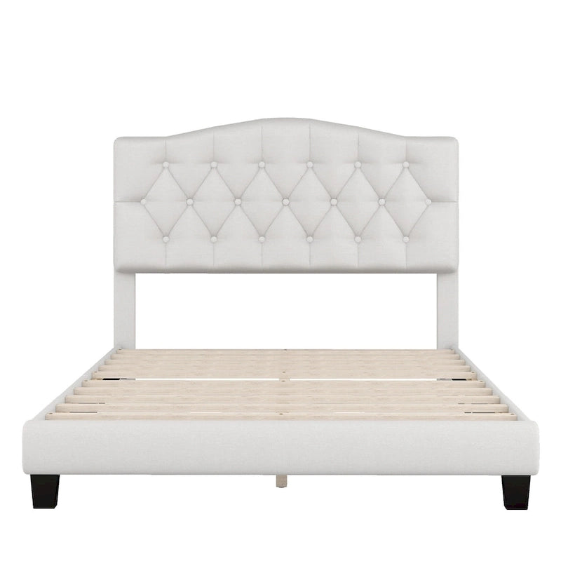 Platform Bed Frame with Saddle Curved Headboard, Modern Medieval Royal Style Platform Bed with Diamond Tufted Details