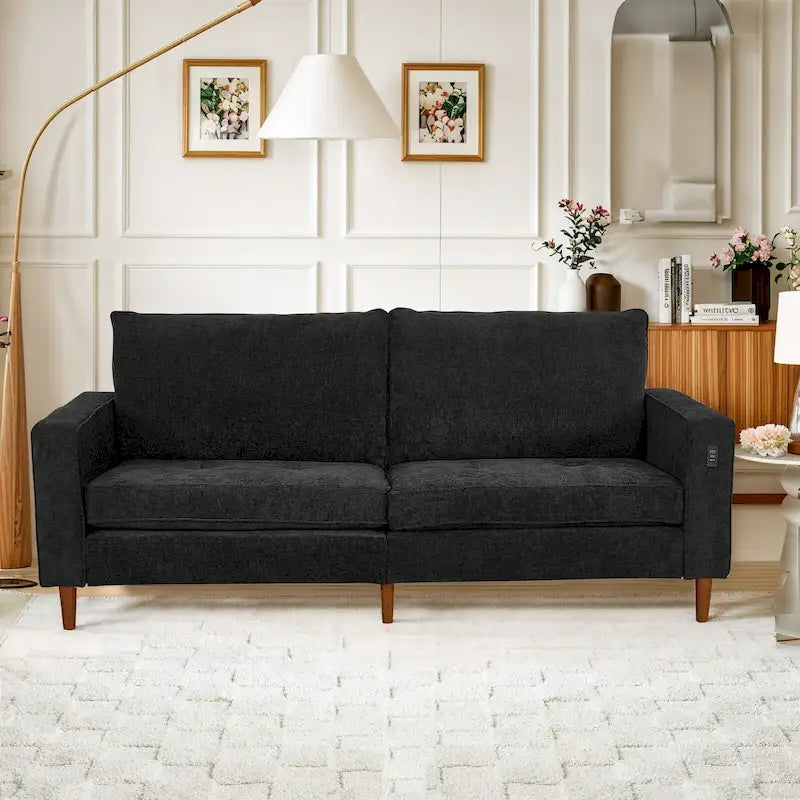 Modern 82 In. Square Arm Chenille Upholstered Rectangle Loveseat Sofa with USB Ports