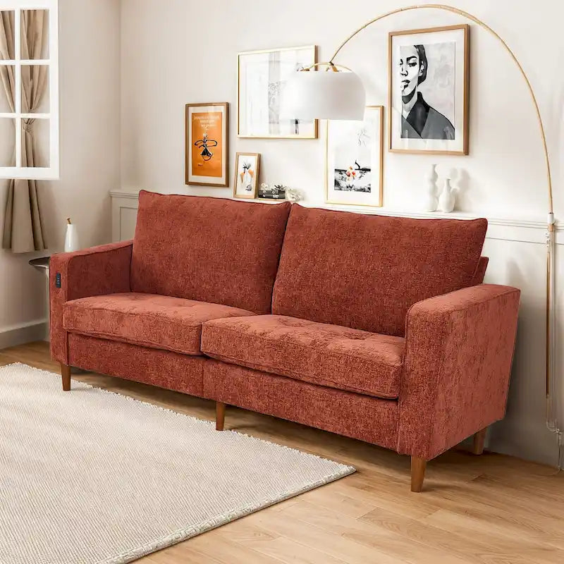 Modern 82 In. Square Arm Chenille Upholstered Rectangle Loveseat Sofa with USB Ports