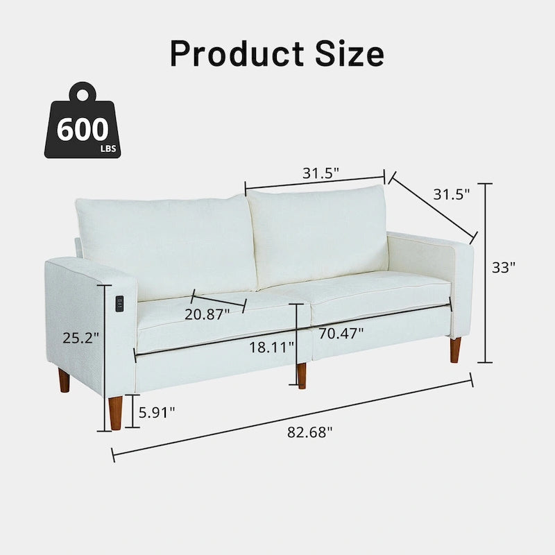 Modern 82 In. Square Arm Chenille Upholstered Rectangle Loveseat Sofa with USB Ports