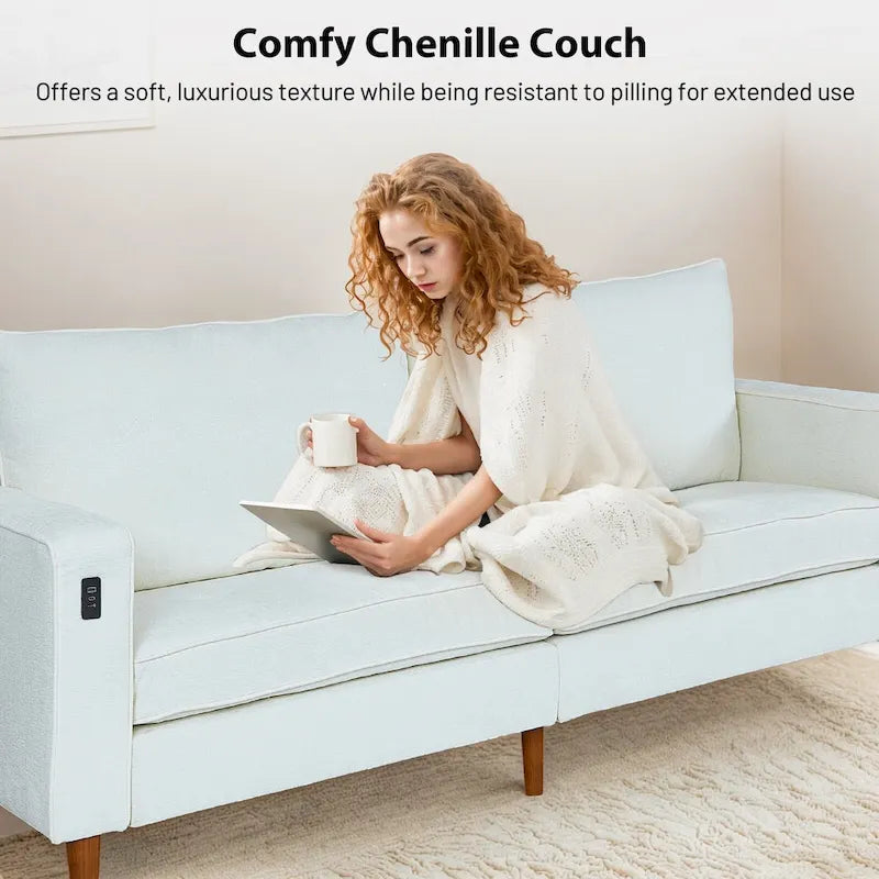 Modern 82 In. Square Arm Chenille Upholstered Rectangle Loveseat Sofa with USB Ports