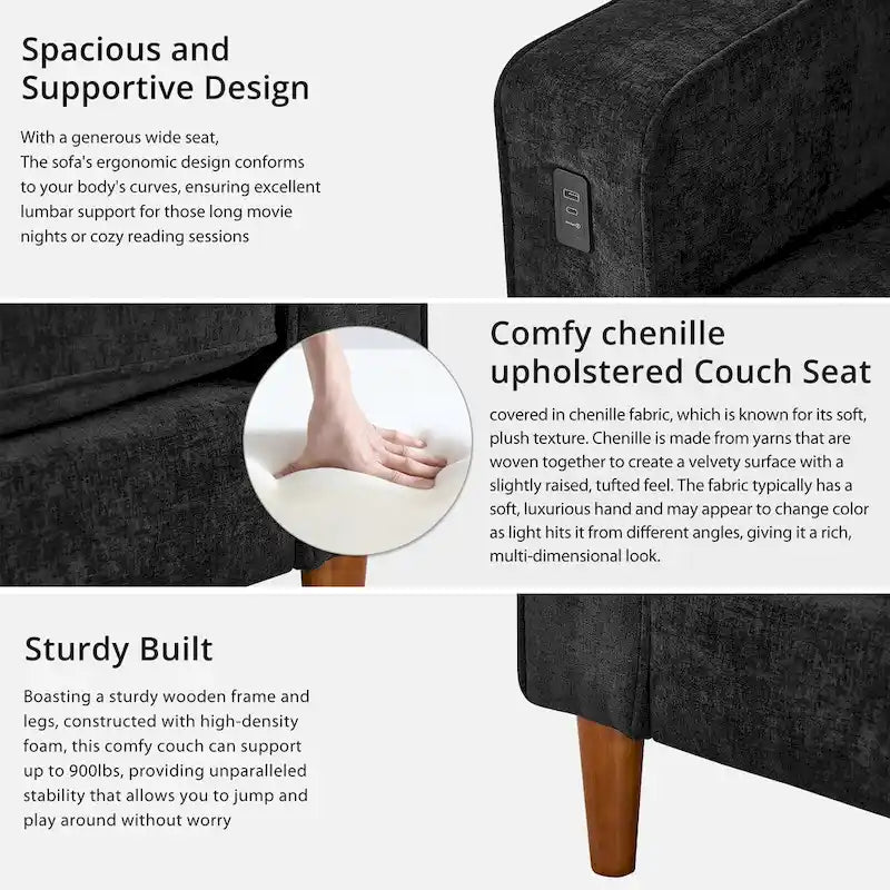 Modern 82 In. Square Arm Chenille Upholstered Rectangle Loveseat Sofa with USB Ports